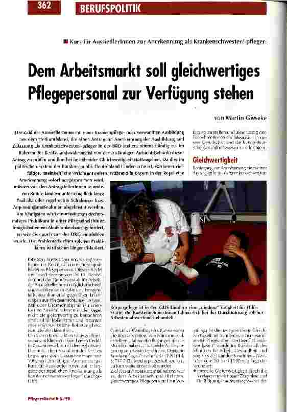 Vorschauseite 1: Kurs füe AussiedlerInnen zur Anerkennung als Krankenschwester/-pfleger: Dem Arbeitsmarkt soll gleichwertiges Pflegepersonal zur Verfügung stehen