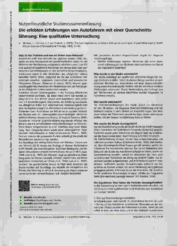 Vorschauseite 1: Die erlebten Erfahrungen von Autofahrern mit einer Querschnittslähmung: Eine qualitative Untersuchung