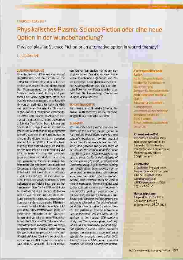 Vorschauseite 1: Physikalisches Plasma: Science Fiction oder eine neue Option in der Wundbehandlung?
