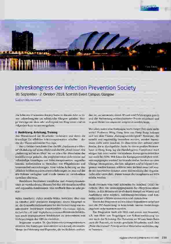 Vorschauseite 1: Jahreskongress der Infection Prevention Society 30. September Z. Oktober 2018, Scottish Event Campus, Glasgow