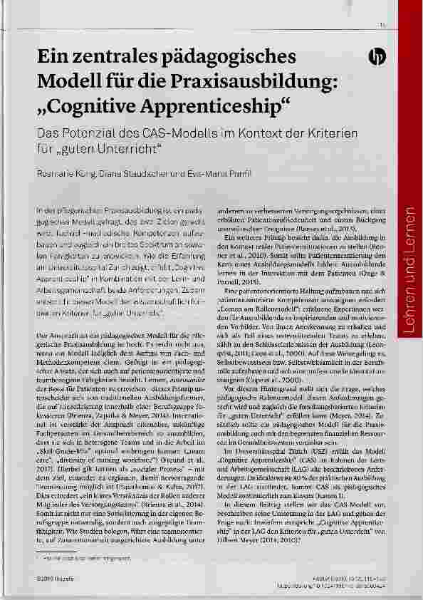 Vorschauseite 1: Ein zentrales pädagogisches Modell für die Praxisausbildung: „Cognitive Apprenticeship“
