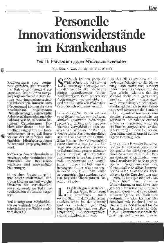 Vorschauseite 1: Personelle Innovationswiderstände im Krankenhaus Teil II: Prävention gegen Widerstandsverhalten