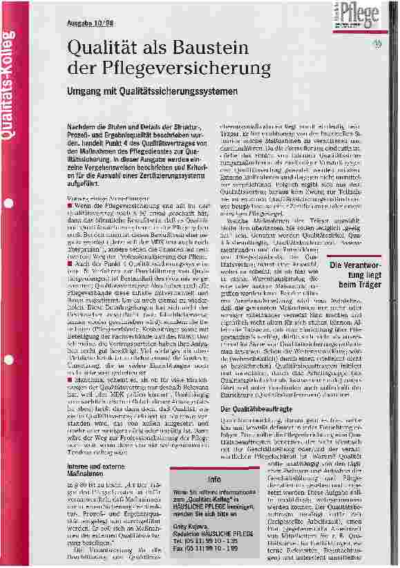 Vorschauseite 1: Qualität als Baustein der Pflegeversicherung (Teil 4) Umgang mit Qualitätssicherungssystemen