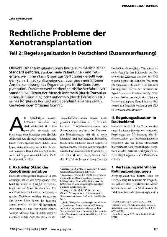 Vorschauseite 1: Rechtliche Probleme der Xenotransplantation Teil 2: Regelungssituation in Deutschland (Zusammenfassung