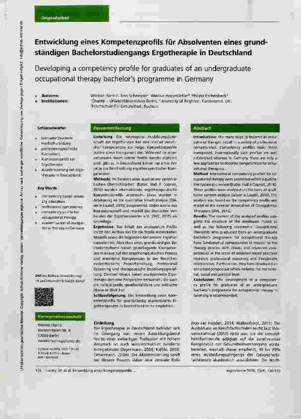 Vorschauseite 1: Entwicklung eines Kompetenzprofils für Absolventen eines grundständigen Bachelorstudiengangs Ergotherapie in Deutschland