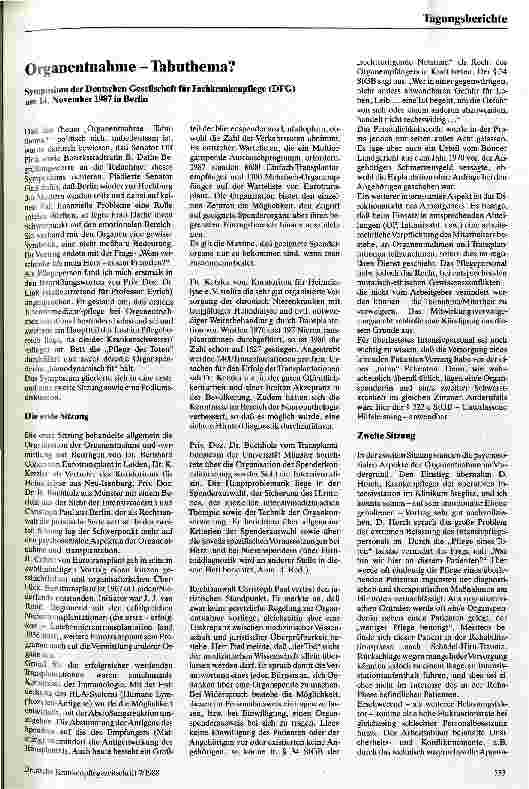 Vorschauseite 1: Organentnahme . Tabuthema? Symposium der Deutschen Gesellschaft für Fachkrankenpflege 14.11.1987