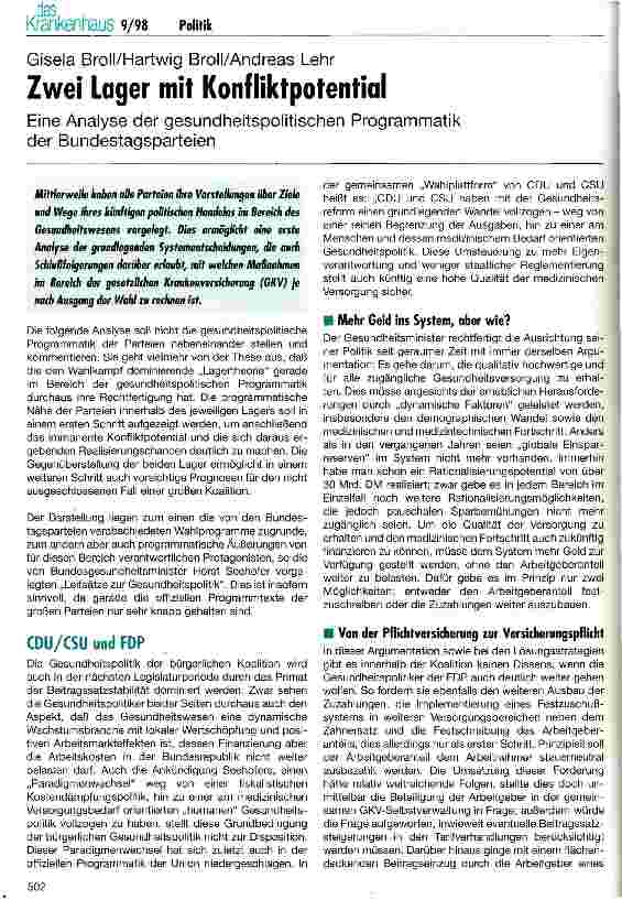 Vorschauseite 1: Zwei Lager mit Konfliktpotential Analyse der gesundheitspolitischen Programmatik der Bundestagsparteien
