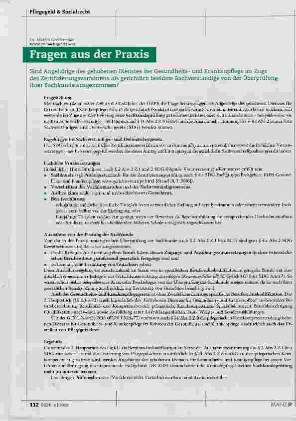 Vorschauseite 1: Sind Angehörige des gehobenen Dienstes der Gesundheitsund Krankenpflege im Zuge des Zertiflzierungsverfahrens als gerichtlich beeidete Sachverständige von der Überprüfung ihrer Sa…