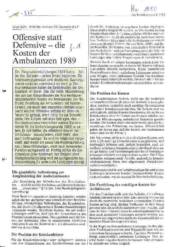 Vorschauseite 1: Offensive statt Defensive - die Kosten der Ambulanzen 1989