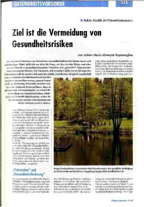 Vorschauseite 1: Public Health als Präventionsansatz: Ziel ist die Vermeidung von Gesundheitsrisiken