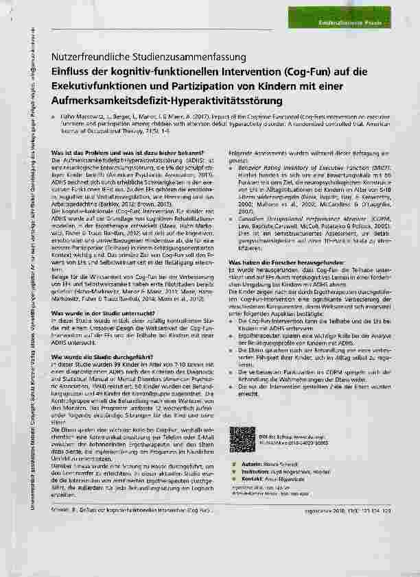 Vorschauseite 1: Einfluss der kognitiv-funktionellen Intervention (Cog-Fun) auf die Exekutivfunktionen und Partizipation von Kindern mit einer Aufmerksamkeitsdefizit-Hyperaktivitätsstörung