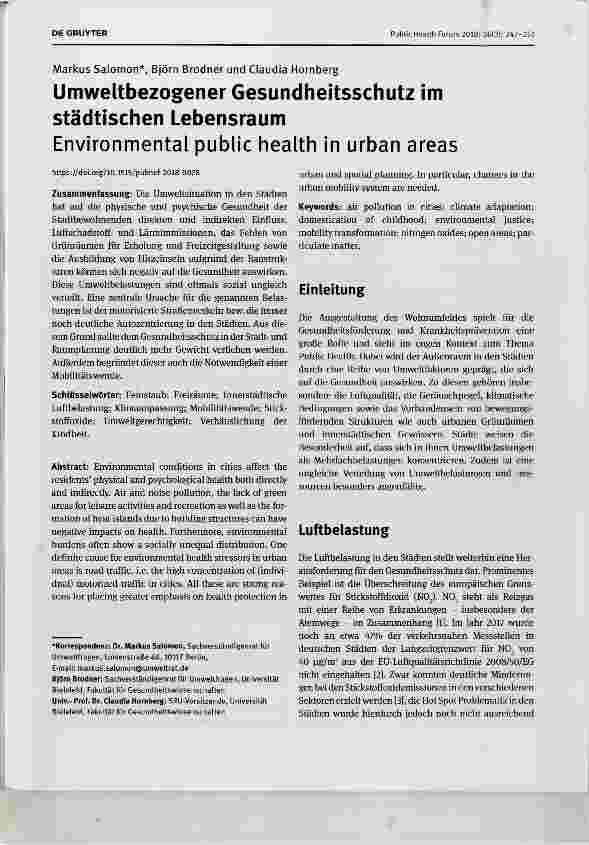 Vorschauseite 1: Umweltbezogener Gesundheitsschutz im städtischen Lebensraum Environmental public health in urban areas