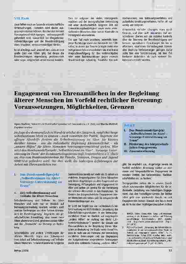 Vorschauseite 1: Engagement von Ehrenamtlichen in der Begleitung älterer Menschen im Vorfeld rechtlicher Betreuung: Voraussetzungen, Möglichkeiten, Grenzen