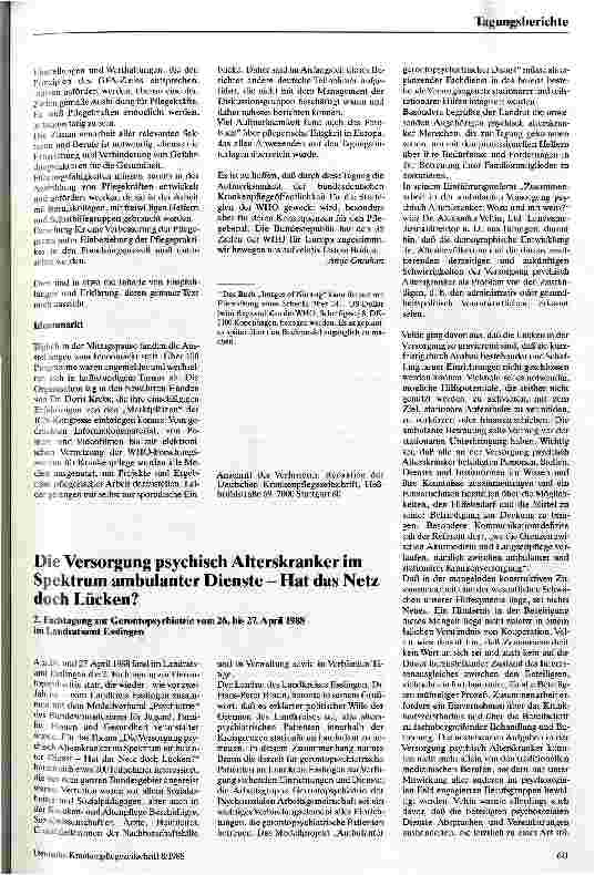 Vorschauseite 1: Die Versorgung psychisch Alterskranker im Spektrum ambulanter Dienste Hat das Netz doch Lücken