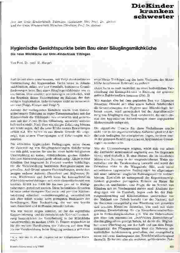 Vorschauseite 1: Hygienische Gesichtspunkte beim Bau einer Säuglingsmilchküche Die neue Milchküche der Univ. -Kinderklinik Tübingen