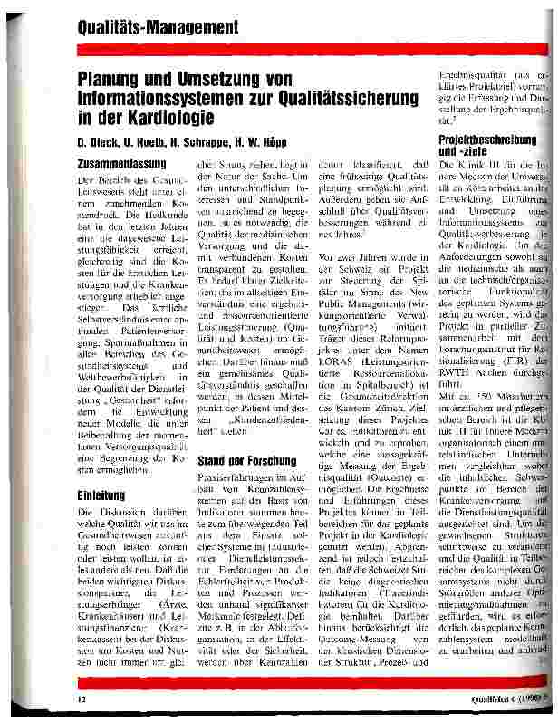 Vorschauseite 1: Planung und Umsetzung von Informationssystemen zur Qualitätssicherung in der Kardiologie