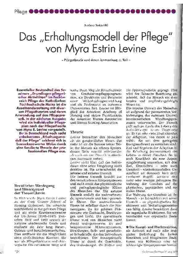 Vorschauseite 1: Das Enthaltungsmodell der Pflege von Myra Estrin Levine Pflegetheorie und deren Anwendung, 1. Teil