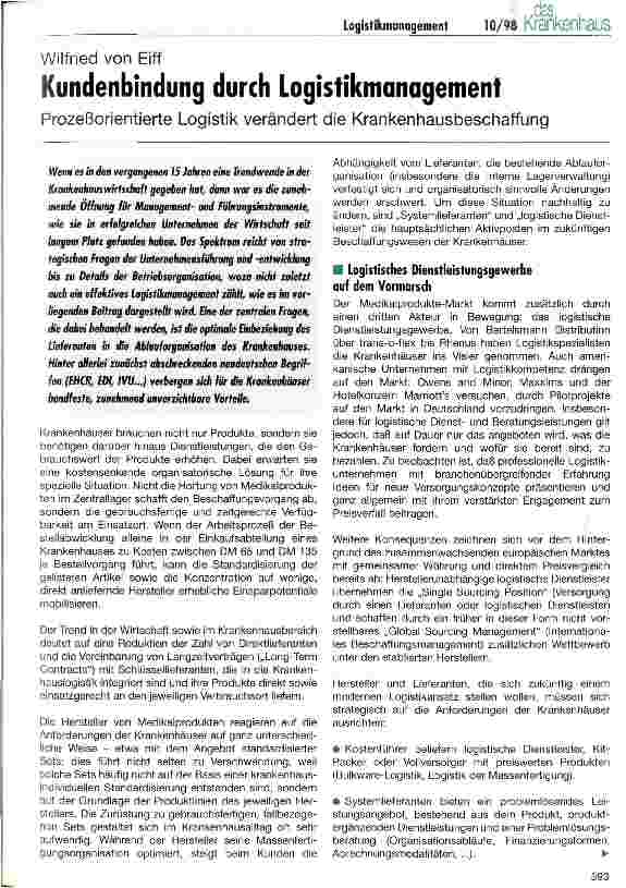 Vorschauseite 1: Kundenbindung durch Logistikmanagement Prozeßorientierte Logistik verändert die Krankenhausbeschaffung