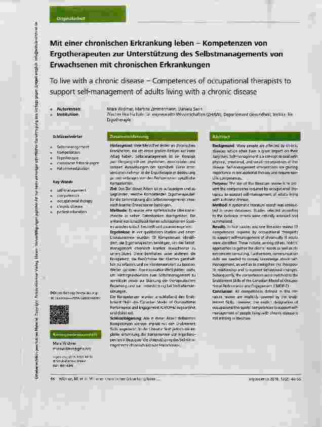 Vorschauseite 1: Mit einer chronischen Erkrankung leben Kompetenzen von Ergotherapeuten zur Unterstützung des Selbstmanagements von Erwachsenen mit chronischen Erkrankungen