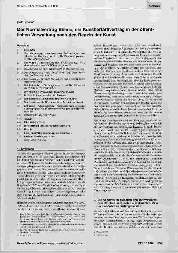 Vorschauseite 1: Der Normalvertrag Bühne, ein Künstlertarifvertrag in der öffentlichen Verwaltung nach den Regeln der Kunst