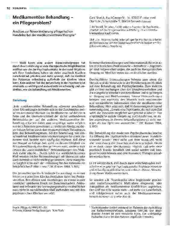Vorschauseite 1: Medikamentöse Behandlung - ein Pflegeproblem? Ansätze zur Neuorientierung pflegerischen Handelns bei der medikamentösen Therapie