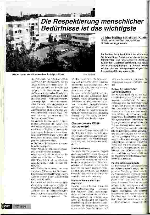 Vorschauseite 1: Die Respektierung menschlicher Bedürfnisse ist das wichtigste 30 Jahre Berliner Schloßpark-Klinik: Aktionsfelder des Klinikmanagements