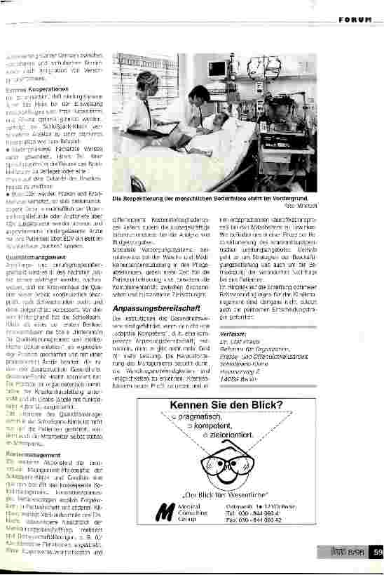 Vorschauseite 2: Die Respektierung menschlicher Bedürfnisse ist das wichtigste 30 Jahre Berliner Schloßpark-Klinik: Aktionsfelder des Klinikmanagements