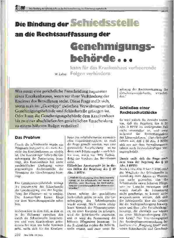 Vorschauseite 1: Die Bindung der Schiedsstelle an die Rechtsauffassung der Genehmigungsbehörde. ..