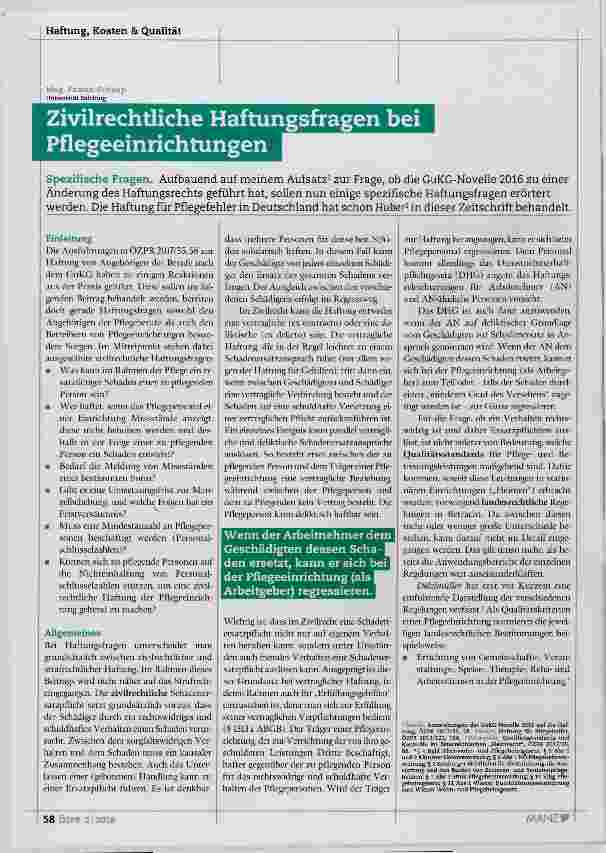 Vorschauseite 1: Zivilrechtliche Haftungsfragen bei Pflegeeinrichtungen