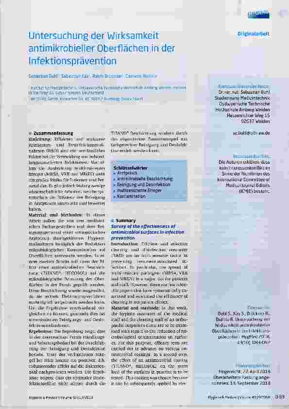 Vorschauseite 1: Untersuchung der Wirksamkeit antimikrobieller Oberflächen in der Infektionsprävention