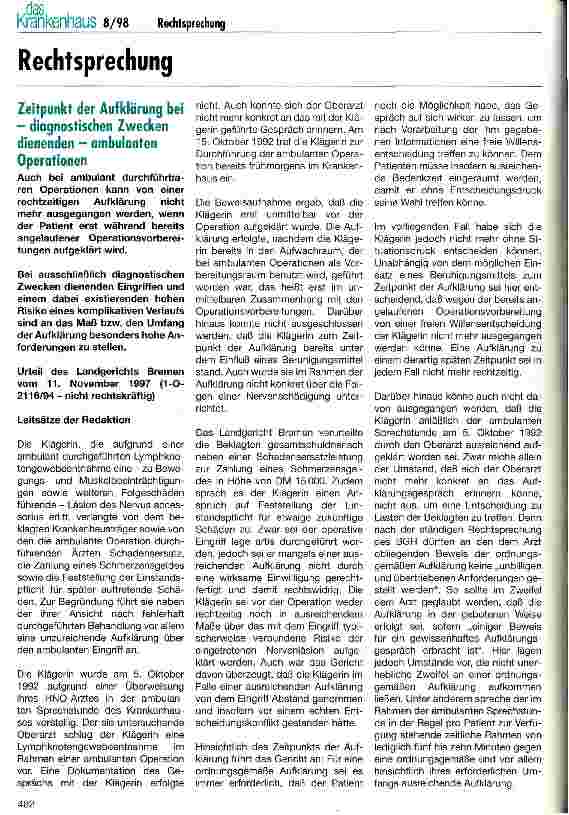 Vorschauseite 1: Zeitpunkt der Aufklärung bei - diagnostischen Zwecken dienenden - Operationen