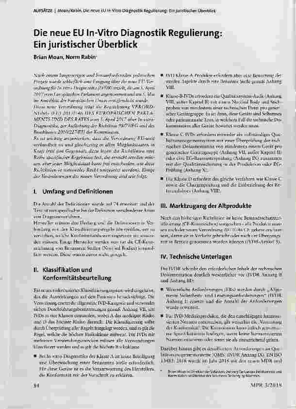 Vorschauseite 1: Die neue EU In-Vitro Diagnostik Regulierung; Ein juristischer Überblick