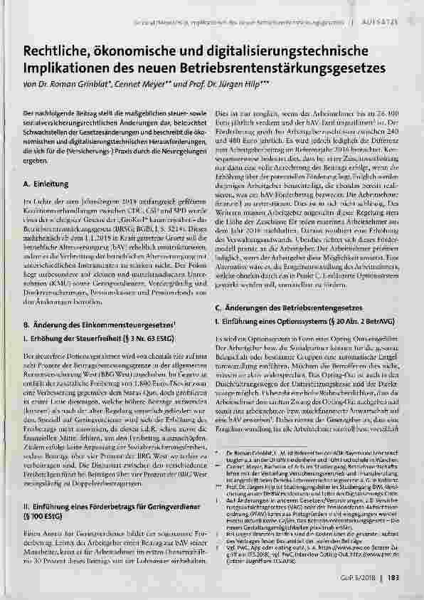 Vorschauseite 1: Rechtliche, ökonomische und digitalisierungstechnische Implikationen des neuen Betriebsrentenstärkungsgesetzes