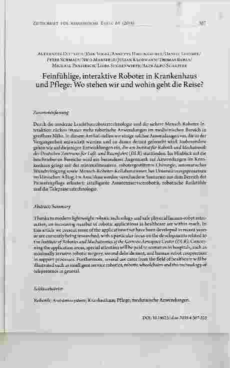 Vorschauseite 1: Feinfühlige, interaktive Roboter in Krankenhaus und Pflege: Wo stehen wir und wohin geht die Reise?