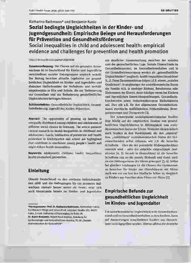 Vorschauseite 1: Sozial bedingte Ungleichheiten in der Kinderund jugendgesundheit: Empirische Belege und Herausforderungen für Prävention und Gesundheitsförderung