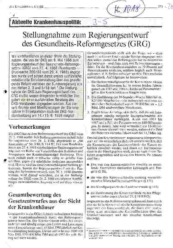 Vorschauseite 1: Stellungnahme zum Regierungsentwurf des Gesundheits-Reformgesetzes (GRG)