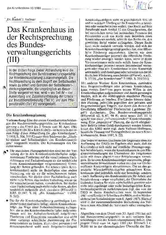 Vorschauseite 1: Das Krankenhaus in der Rechtsprechung des Bundesverwaltungsgerichts Teil III