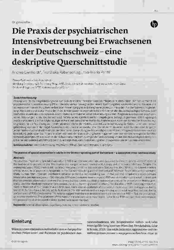 Vorschauseite 1: Die Praxis der psychiatrischen Intensivbetreuung bei Erwachsenen in der Deutschschweiz - eine deskriptive Querschnittstudie
