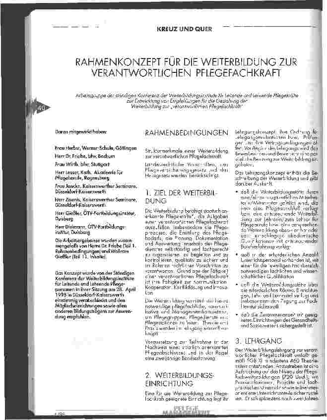 Vorschauseite 1: Rahmenkonzept für die Weiterbildung zur Verantwortlichen Pflegefachkraft