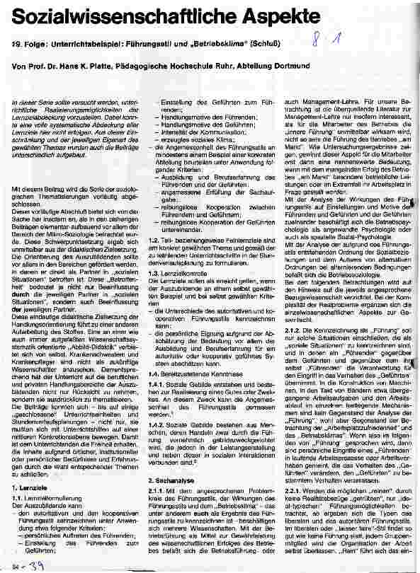 Vorschauseite 1: Sozialwissenschaftliche Aspekte 19 Folge: Unterrichtsbeispiel: Führungsstil und Betriebsklima - Schluß