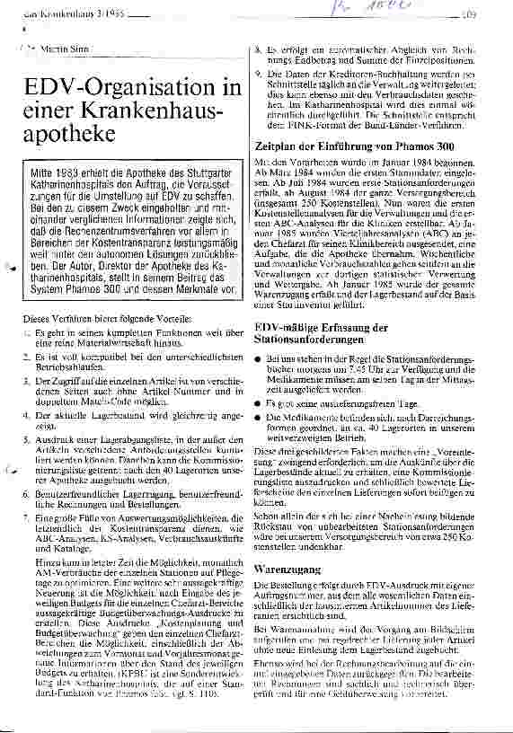 Vorschauseite 1: EDV-Organisation in einer Krankenhausapotheke