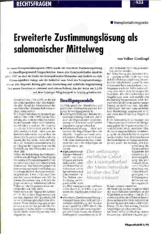 Vorschauseite 1: Erweiterte Zustimmungslösung als salomonischer Mittelweg Transplantationsgesetz