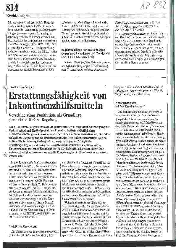 Vorschauseite 1: Inkontinenzversorgung: Erstattungsfähigkeit von Inkontinenzhilfsmitteln Vorschlag einer Positivliste als Grundlage einer einheitlichen Pflege