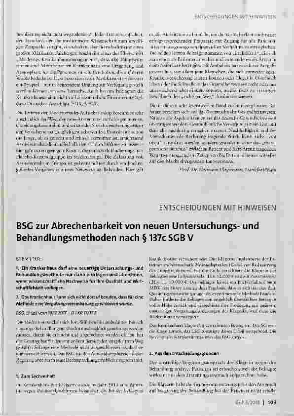 Vorschauseite 1: BSG zur Abrechenbarkeit von neuen Untersuchungsund Behandlungsmethoden nach § 137c SGB V
