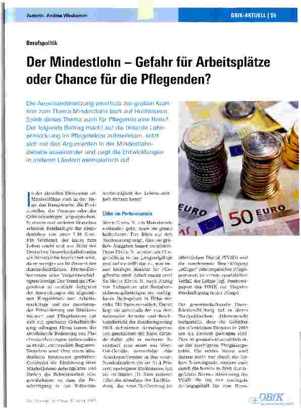 Vorschauseite 1: Der Mindestlohn - Gefahr für Arbeitsplätze oder Chance für die Pflegenden?