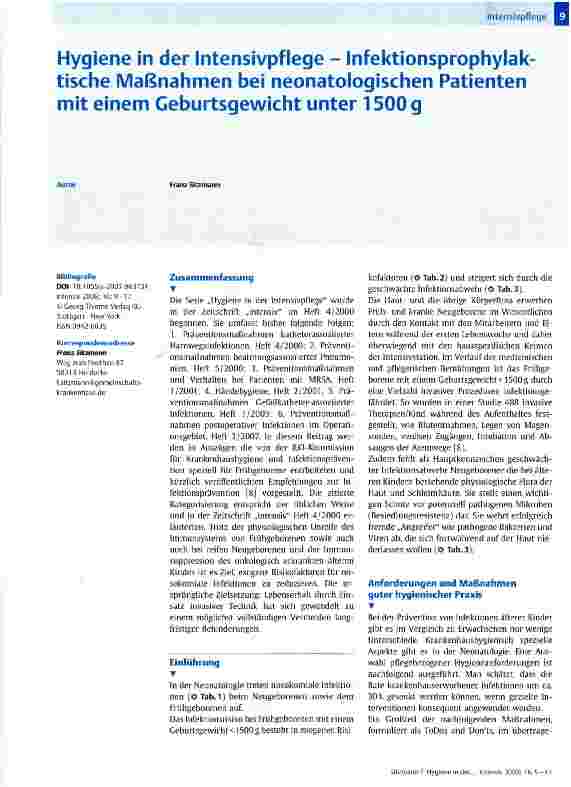 Vorschauseite 1: Hygiene in der Intensivpflege - Infektionsprophylaktische Maßnahmen bei neonatologischen Patienten mit einem Geburtsgewicht unter 1500 g