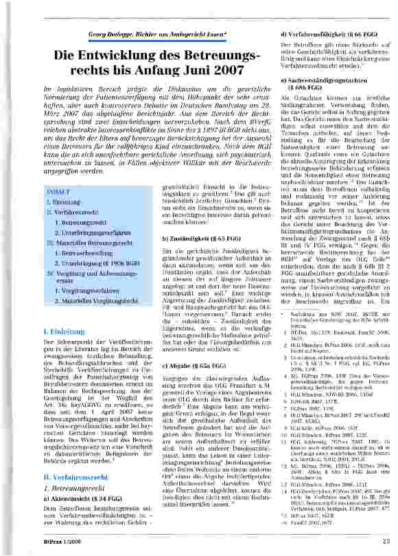 Vorschauseite 1: Die Entwicklung des Betreuungsrechts bis Anfang Juni 2007