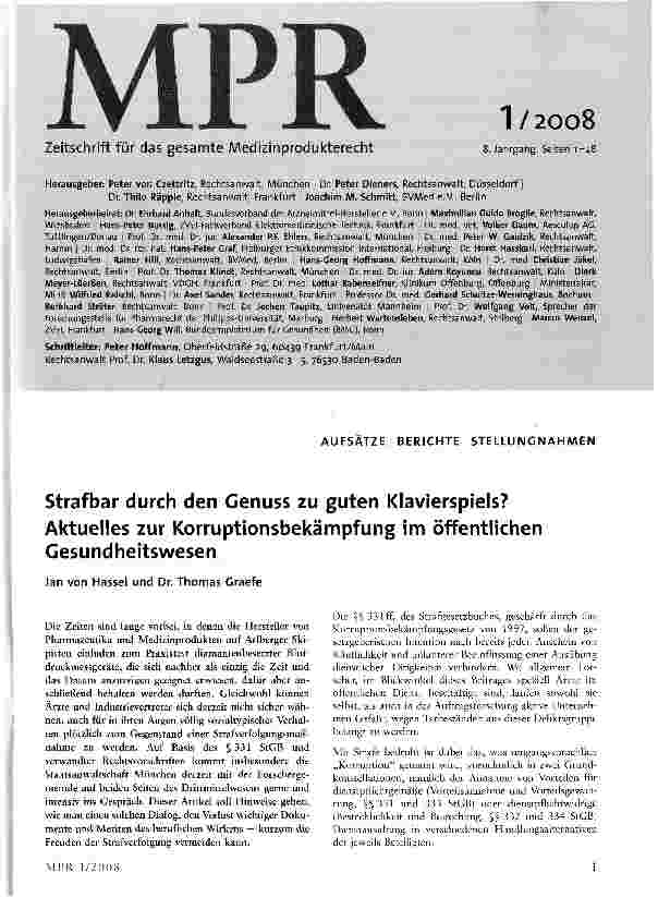 Vorschauseite 1: Strafbar durch den Genuss zu guten Klavierspiels?Aktuelles zur Korruptionsbekämpfung im öffentlichen Gesundheitswesen