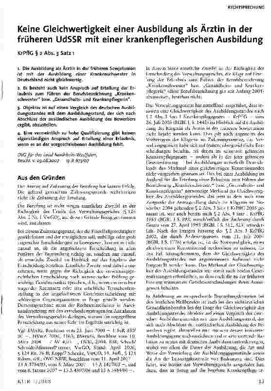 Vorschauseite 1: Keine Gleichwertigkeit einer Ausbildung als Ärztin in der früheren UdSSR mit einer krankenpflegerischen Ausbildung