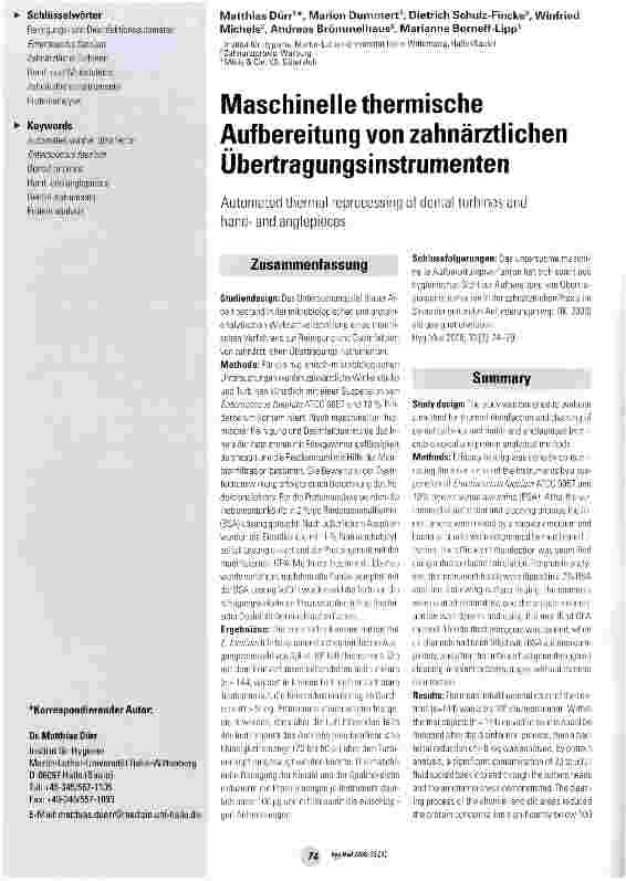 Vorschauseite 1: Maschinelle thermische Aufbereitung von zahnärztlichen Übertragungsinstrumenten